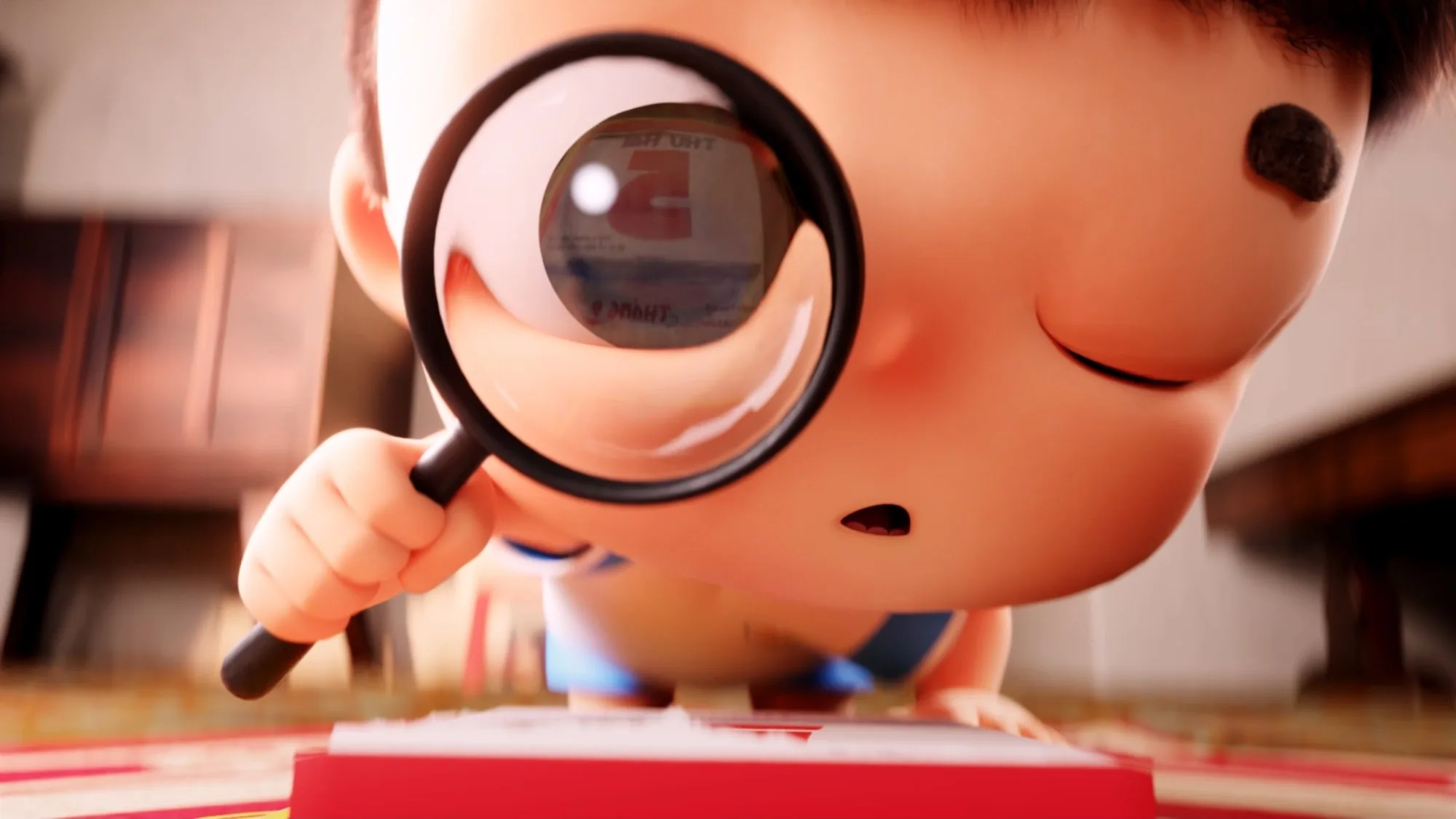 A boy peers through a magnifying glass, one eye hugely magnified.